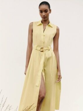 ZARA❗️ NEW COLARD MIDI DRESS WITH BELT SIZE LARGE COLOR YELLOW Ref 5029/165/300